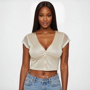 Vintage Victoria's Secret Y2K Metallic Crop Top - Beaded Mesh Sleeves - Size S